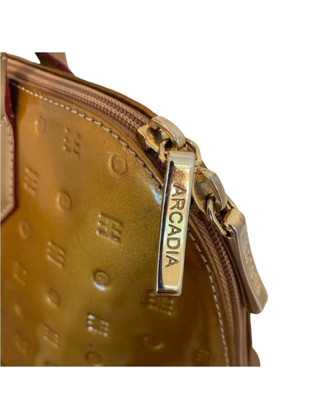 Arcadia Womens Gold Patent Leather Satchel Purse Medium Y2k Vintage Top Handle - Picture 5 of 14